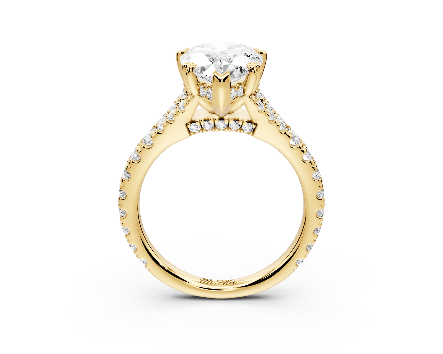 Rosalie - 3ct 18k yellow gold pear Pavé Cathedral Hidden Halo with Diamond Bridge split shank Engagement Ring - Mr. Alex Jewelry