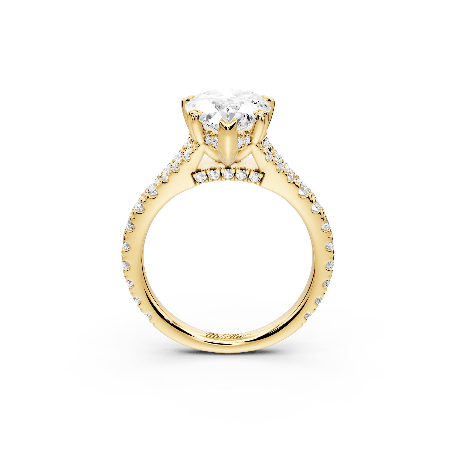 Rosalie - 3ct 18k yellow gold pear Pavé Cathedral Hidden Halo with Diamond Bridge split shank Engagement Ring - Mr. Alex Jewelry