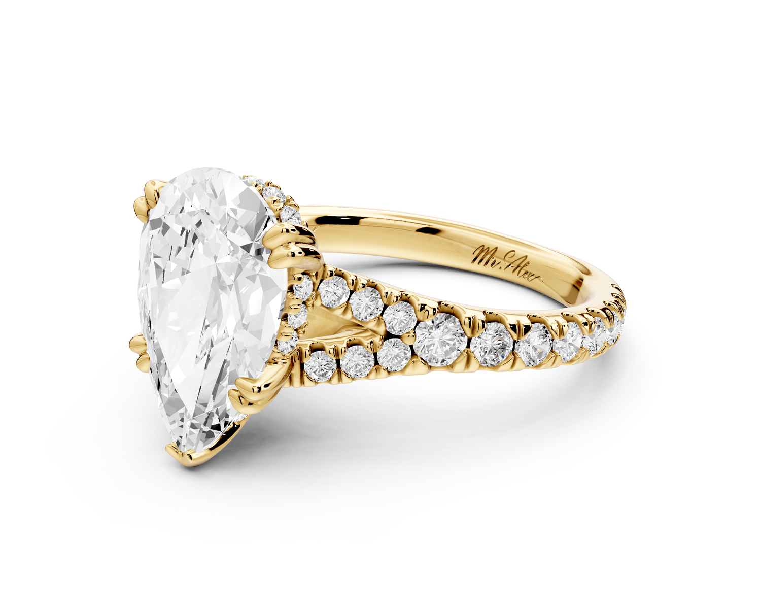 Rosalie - 3ct 18k yellow gold pear Pavé Cathedral Hidden Halo with Diamond Bridge split shank Engagement Ring - Mr. Alex Jewelry