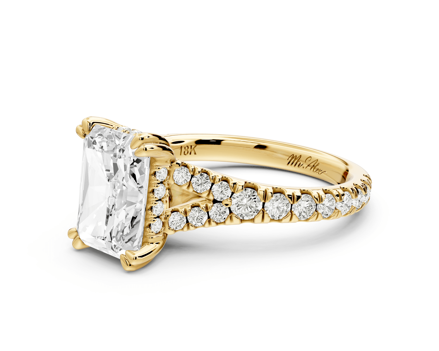 Rosalie - 3ct 18k yellow gold radiant Pavé Cathedral Hidden Halo with Diamond Bridge split shank Engagement Ring - Mr. Alex Jewelry