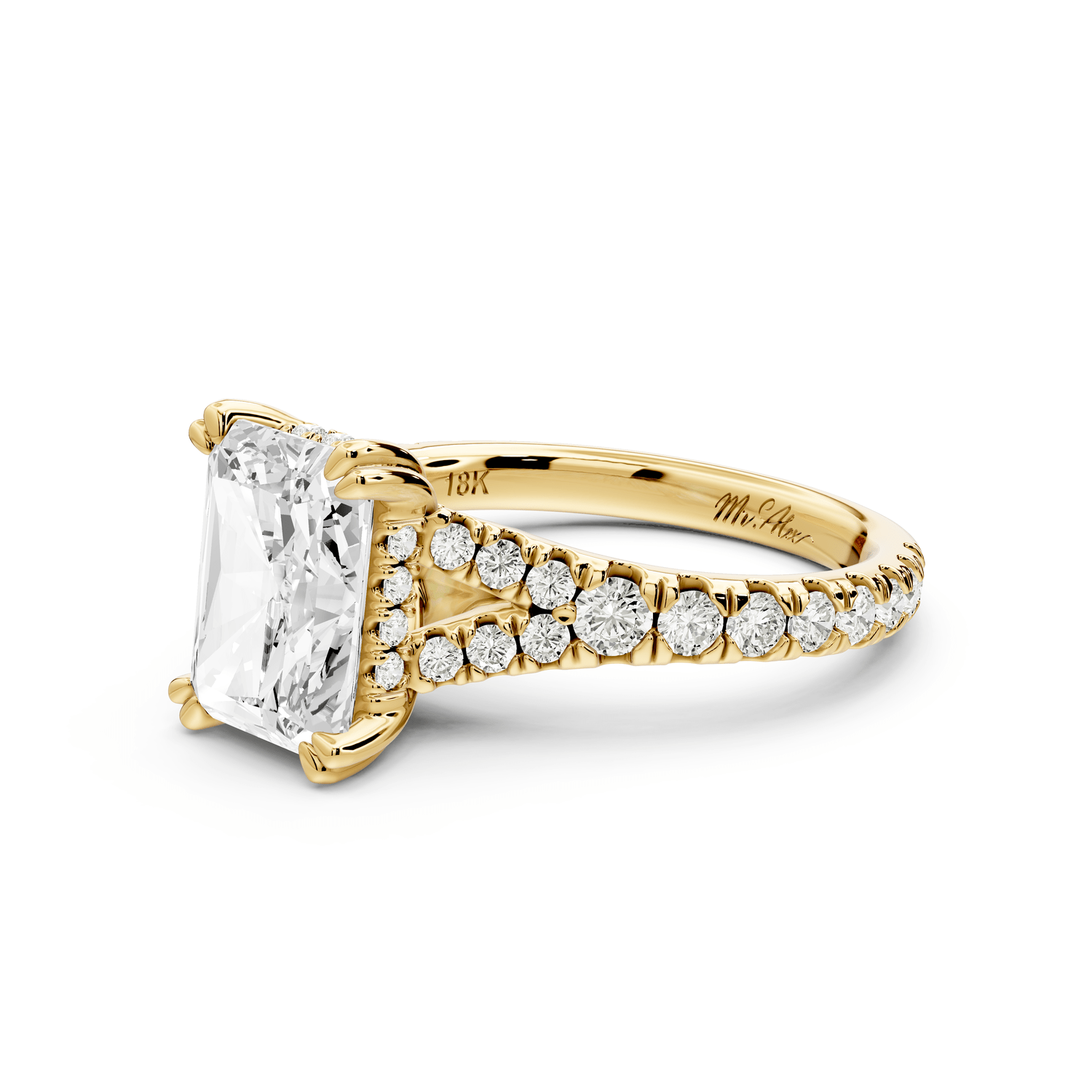 Rosalie - 3ct 18k yellow gold radiant Pavé Cathedral Hidden Halo with Diamond Bridge split shank Engagement Ring - Mr. Alex Jewelry