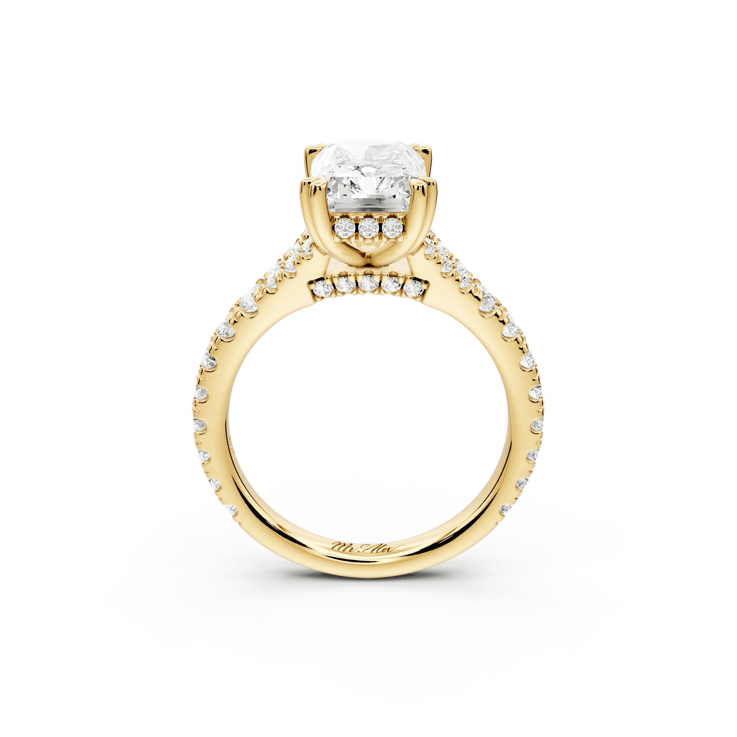 Rosalie - 3ct 18k yellow gold radiant Pavé Cathedral Hidden Halo with Diamond Bridge split shank Engagement Ring - Mr. Alex Jewelry