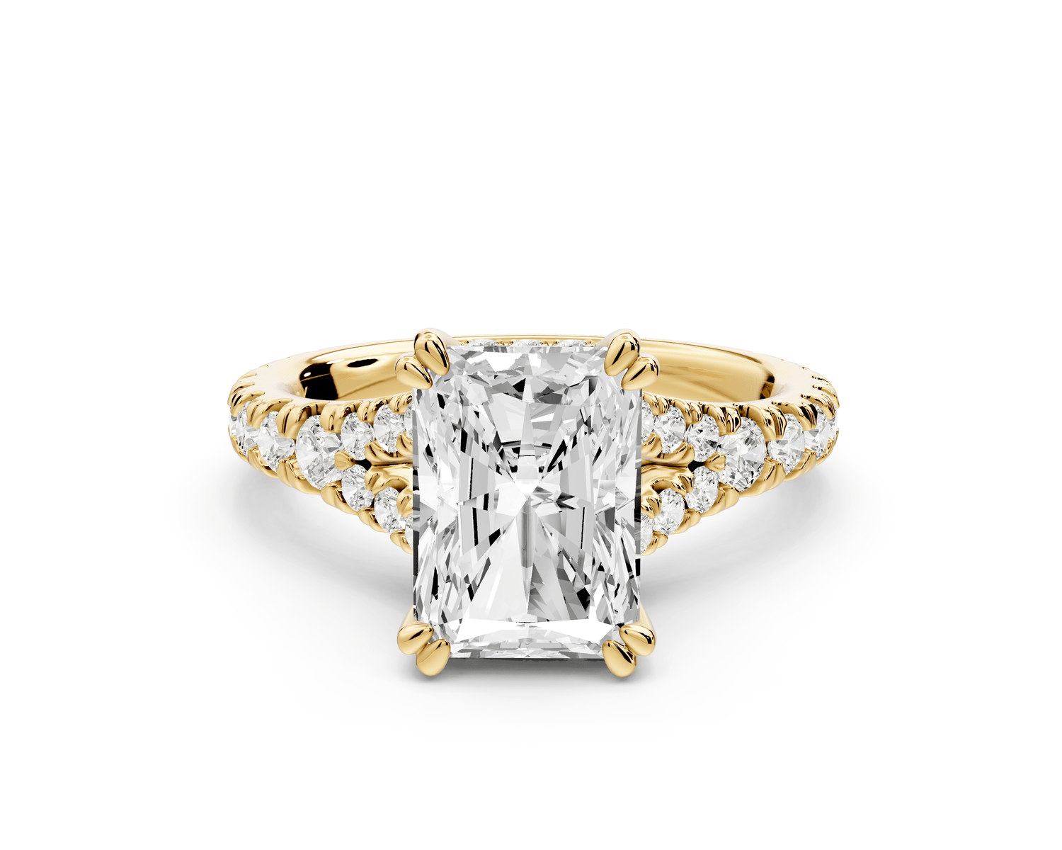 Rosalie - 3ct 18k yellow gold radiant Pavé Cathedral Hidden Halo with Diamond Bridge split shank Engagement Ring - Mr. Alex Jewelry