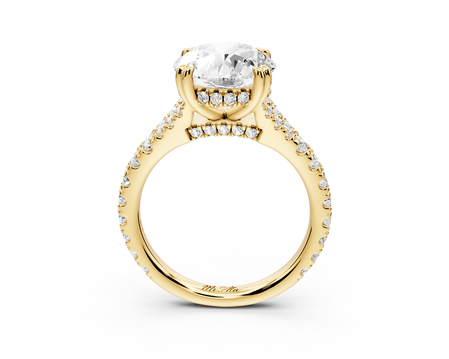 Rosalie - 3ct 18k yellow gold round Pavé Cathedral Hidden Halo with Diamond Bridge split shank Engagement Ring - Mr. Alex Jewelry