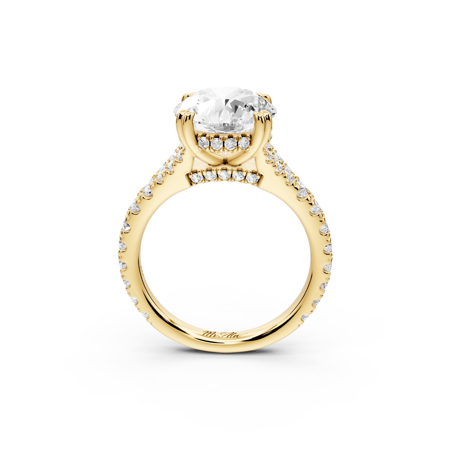 Rosalie - 3ct 18k yellow gold round Pavé Cathedral Hidden Halo with Diamond Bridge split shank Engagement Ring - Mr. Alex Jewelry