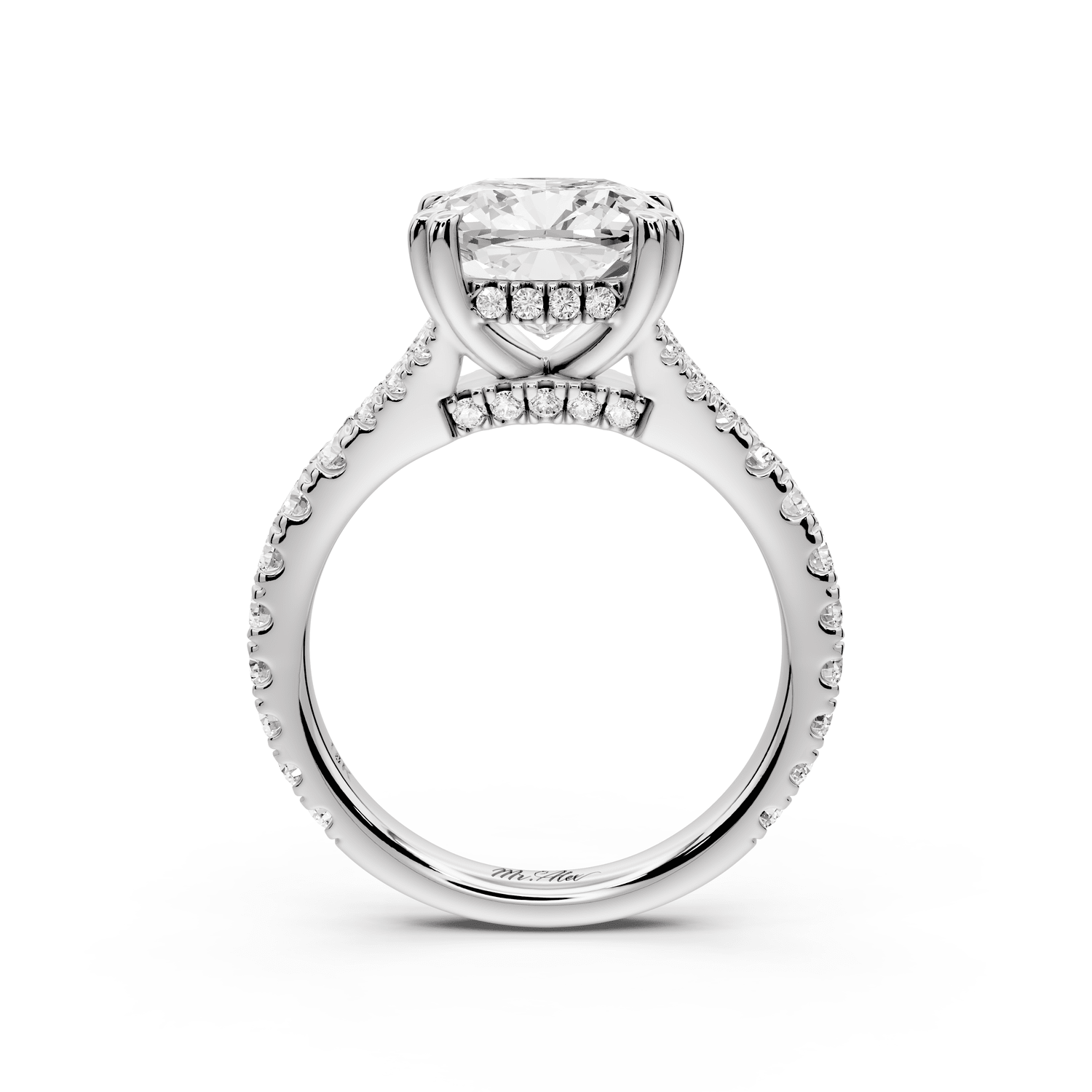 Rosalie - 3ct platinum cushion Pavé Cathedral Hidden Halo with Diamond Bridge split shank Engagement Ring - Mr. Alex Jewelry