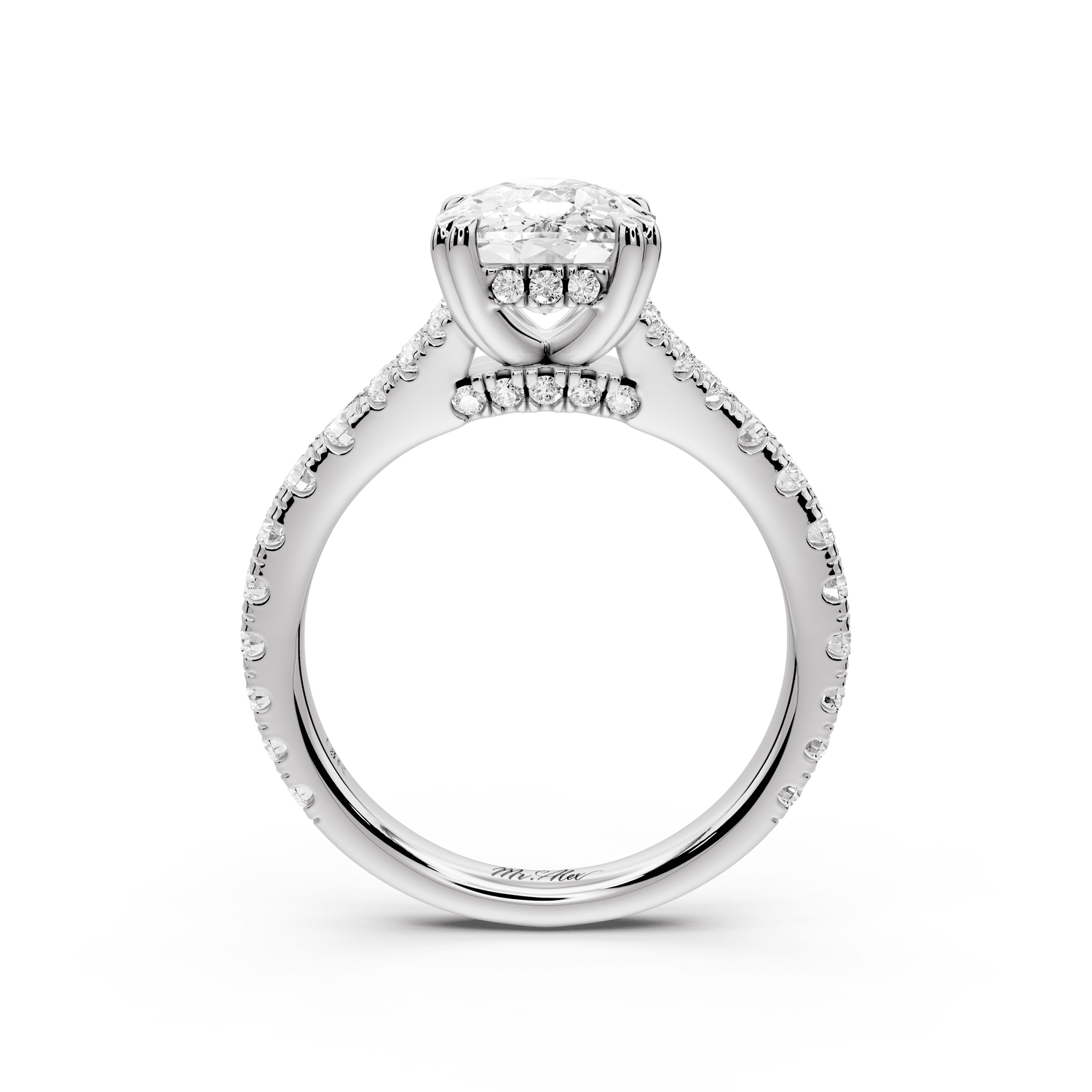 Rosalie - 3ct platinum ecushion Pavé Cathedral Hidden Halo with Diamond Bridge split shank Engagement Ring - Mr. Alex Jewelry