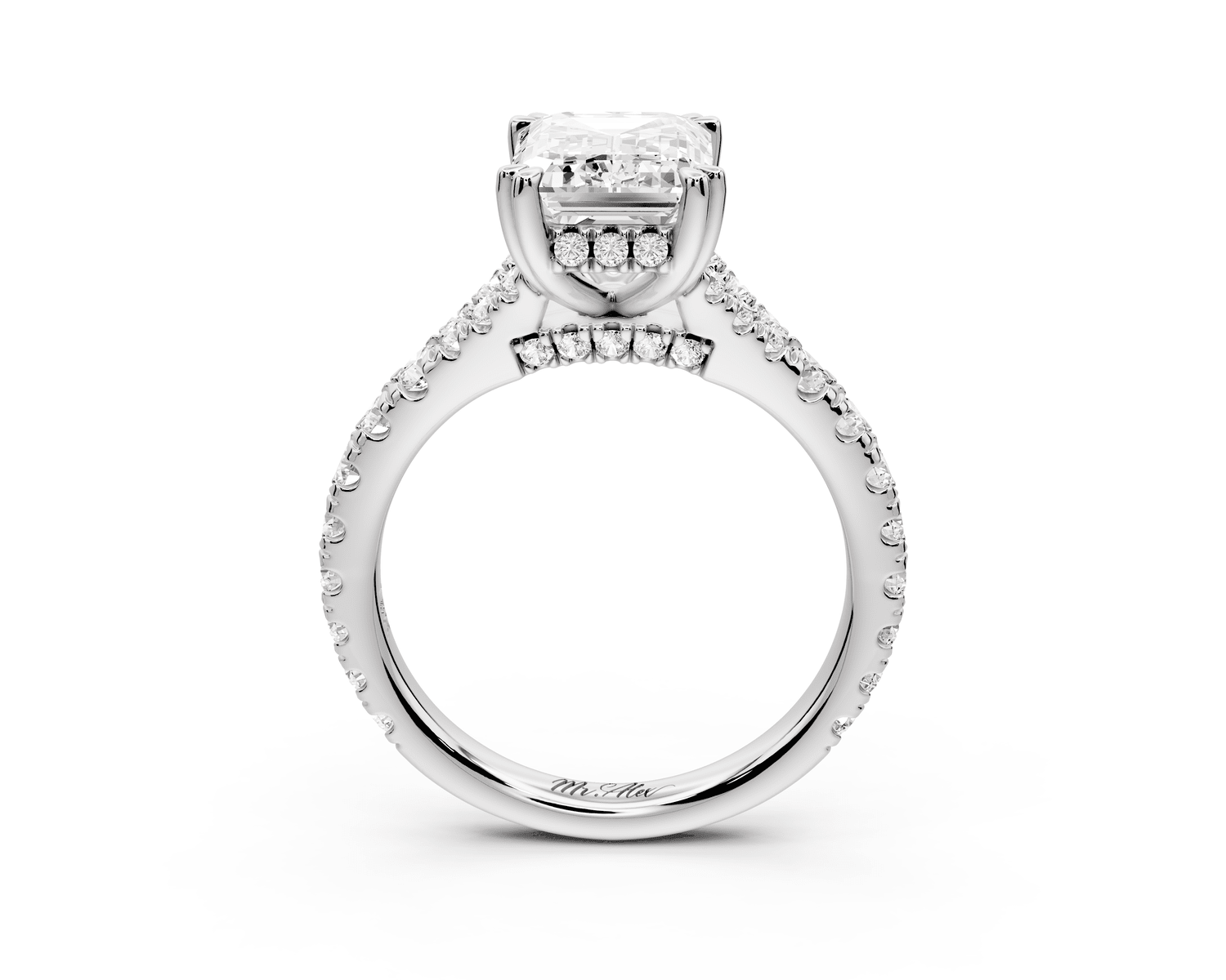 Rosalie - 3ct platinum emerald Pavé Cathedral Hidden Halo with Diamond Bridge split shank Engagement Ring - Mr. Alex Jewelry