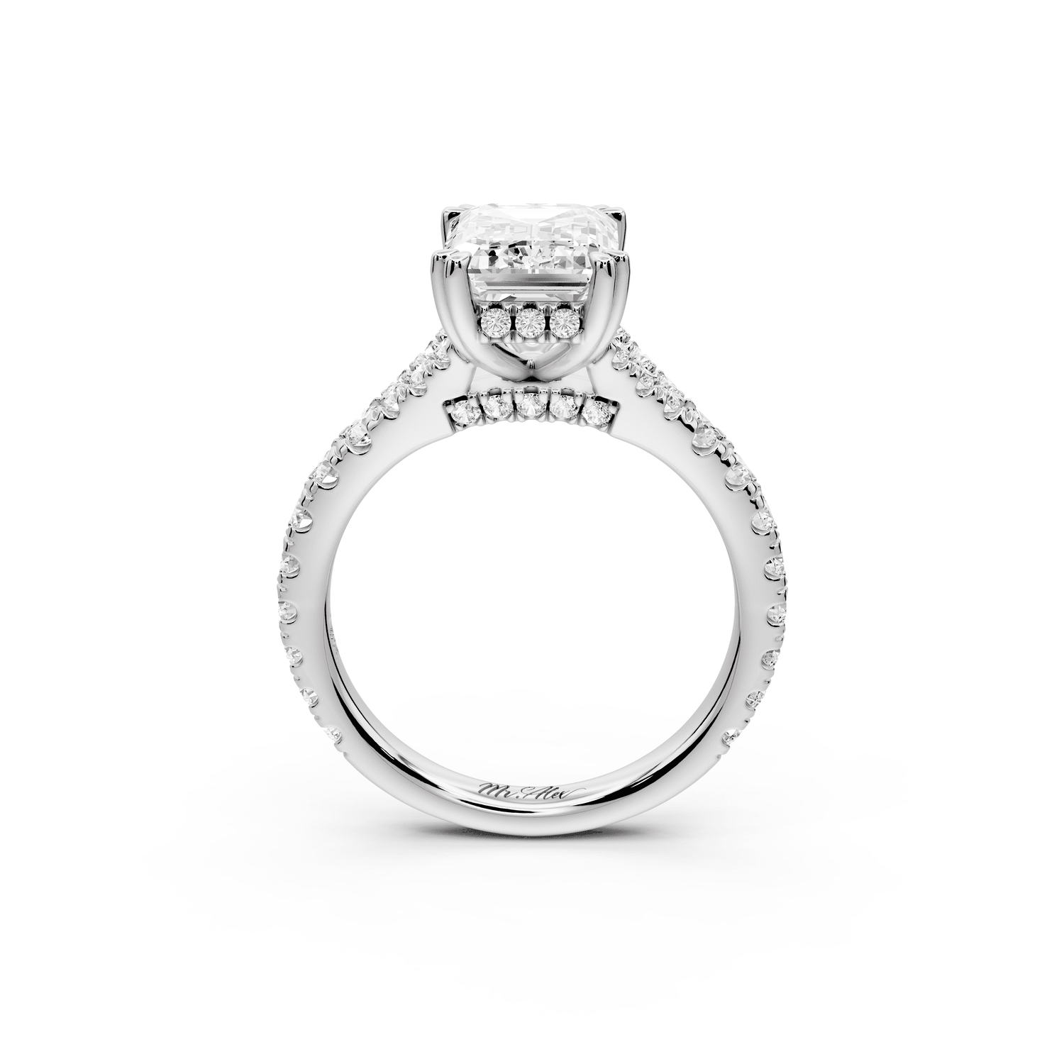 Rosalie - 3ct platinum emerald Pavé Cathedral Hidden Halo with Diamond Bridge split shank Engagement Ring - Mr. Alex Jewelry