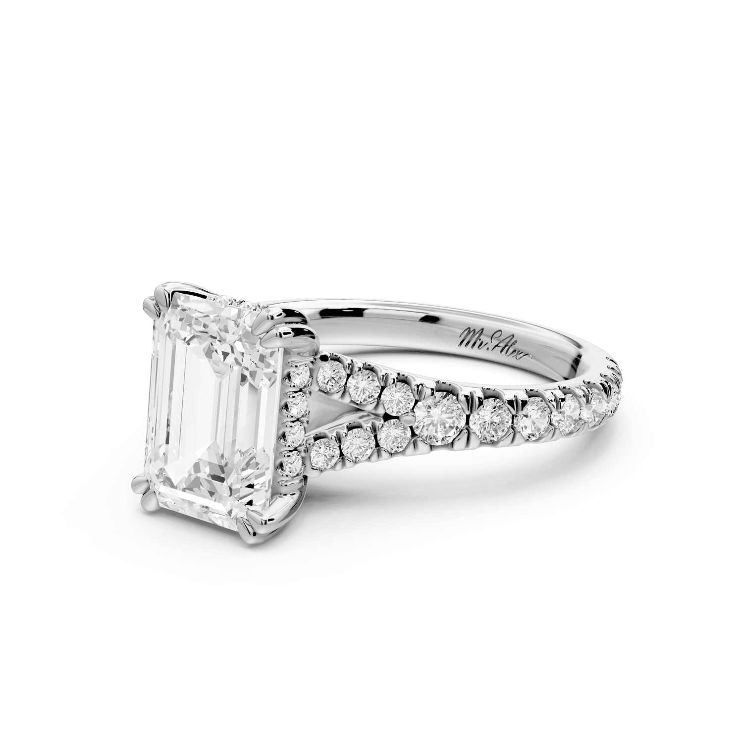 Rosalie - 3ct platinum emerald Pavé Cathedral Hidden Halo with Diamond Bridge split shank Engagement Ring - Mr. Alex Jewelry