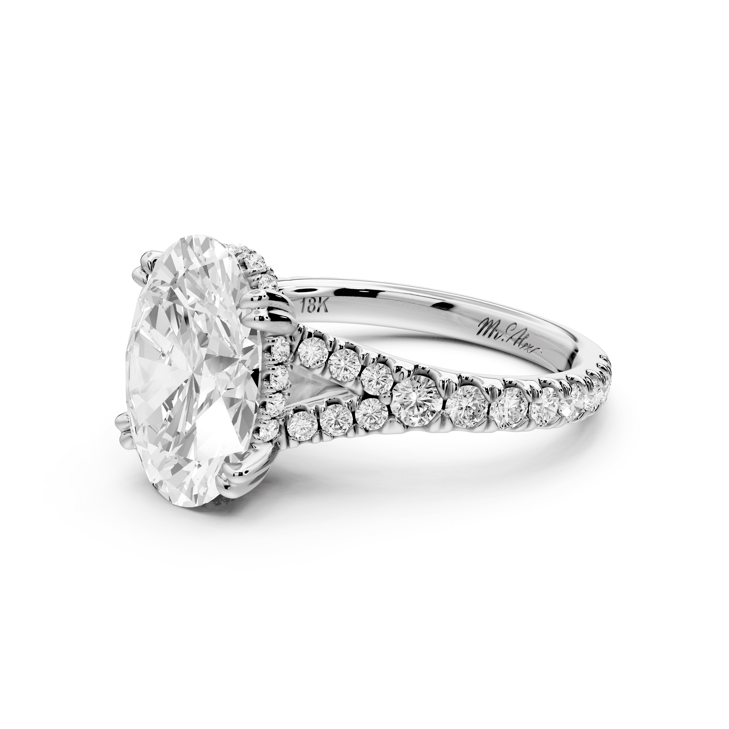 Rosalie - 3ct platinum oval Pavé Cathedral Hidden Halo with Diamond Bridge split shank Engagement Ring - Mr. Alex Jewelry