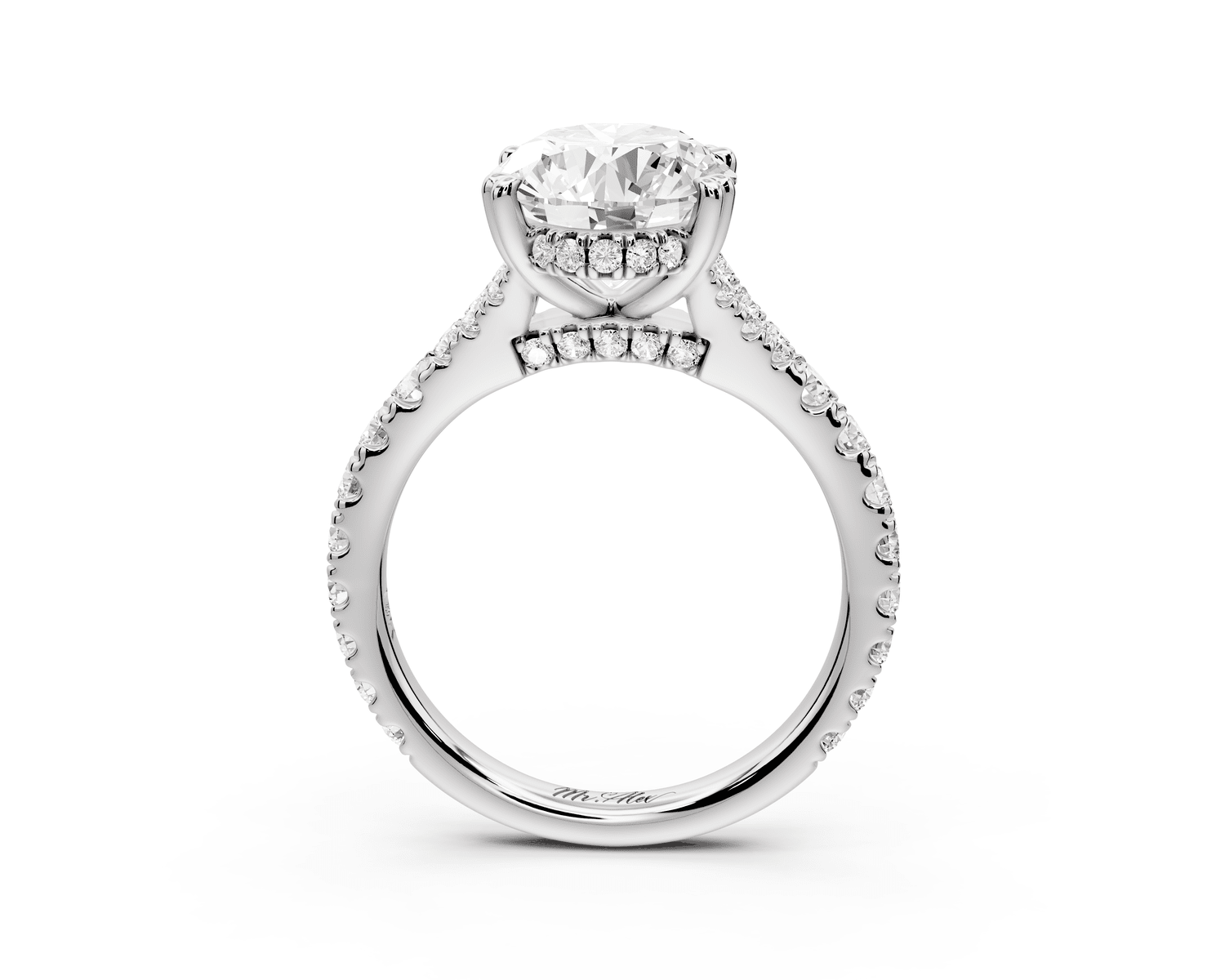 Rosalie - 3ct platinum oval Pavé Cathedral Hidden Halo with Diamond Bridge split shank Engagement Ring - Mr. Alex Jewelry
