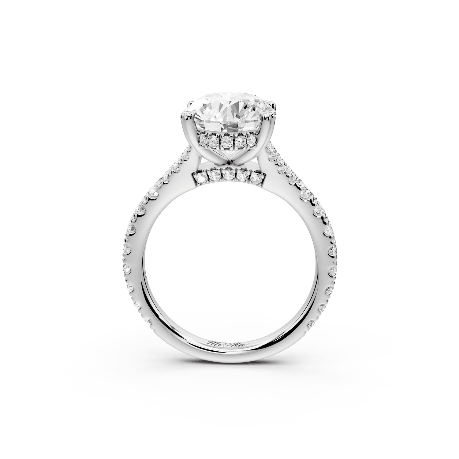 Rosalie - 3ct platinum oval Pavé Cathedral Hidden Halo with Diamond Bridge split shank Engagement Ring - Mr. Alex Jewelry