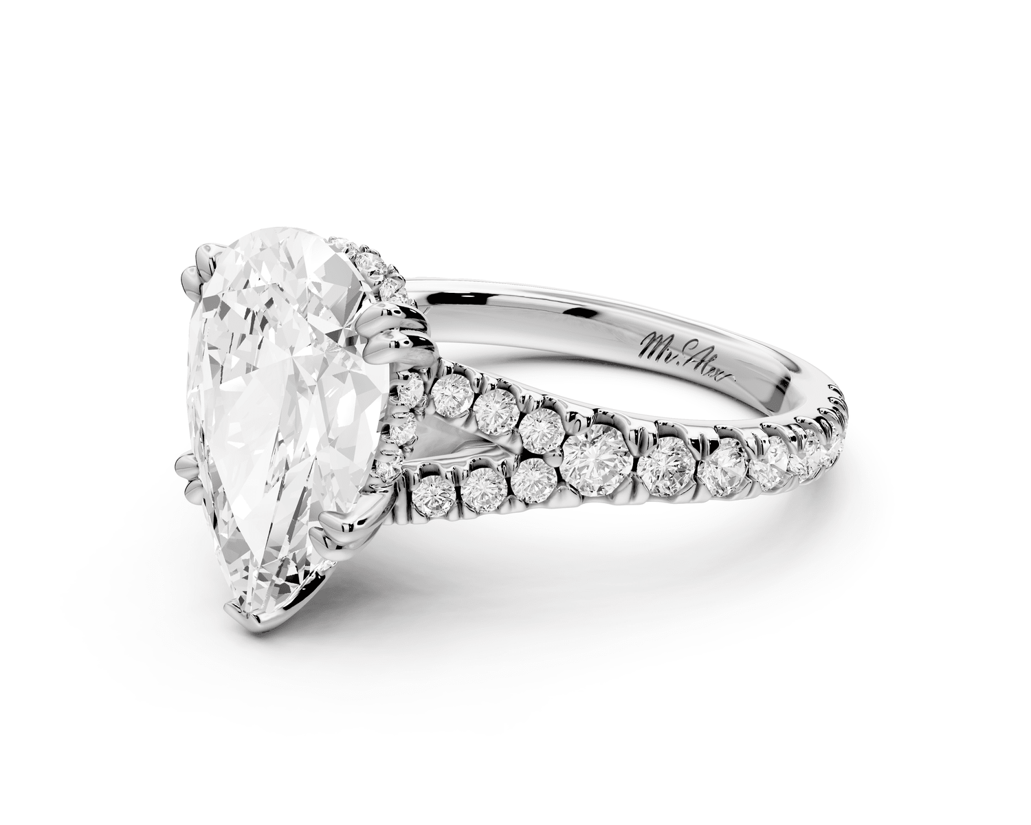 Rosalie - 3ct platinum pear Pavé Cathedral Hidden Halo with Diamond Bridge split shank Engagement Ring - Mr. Alex Jewelry