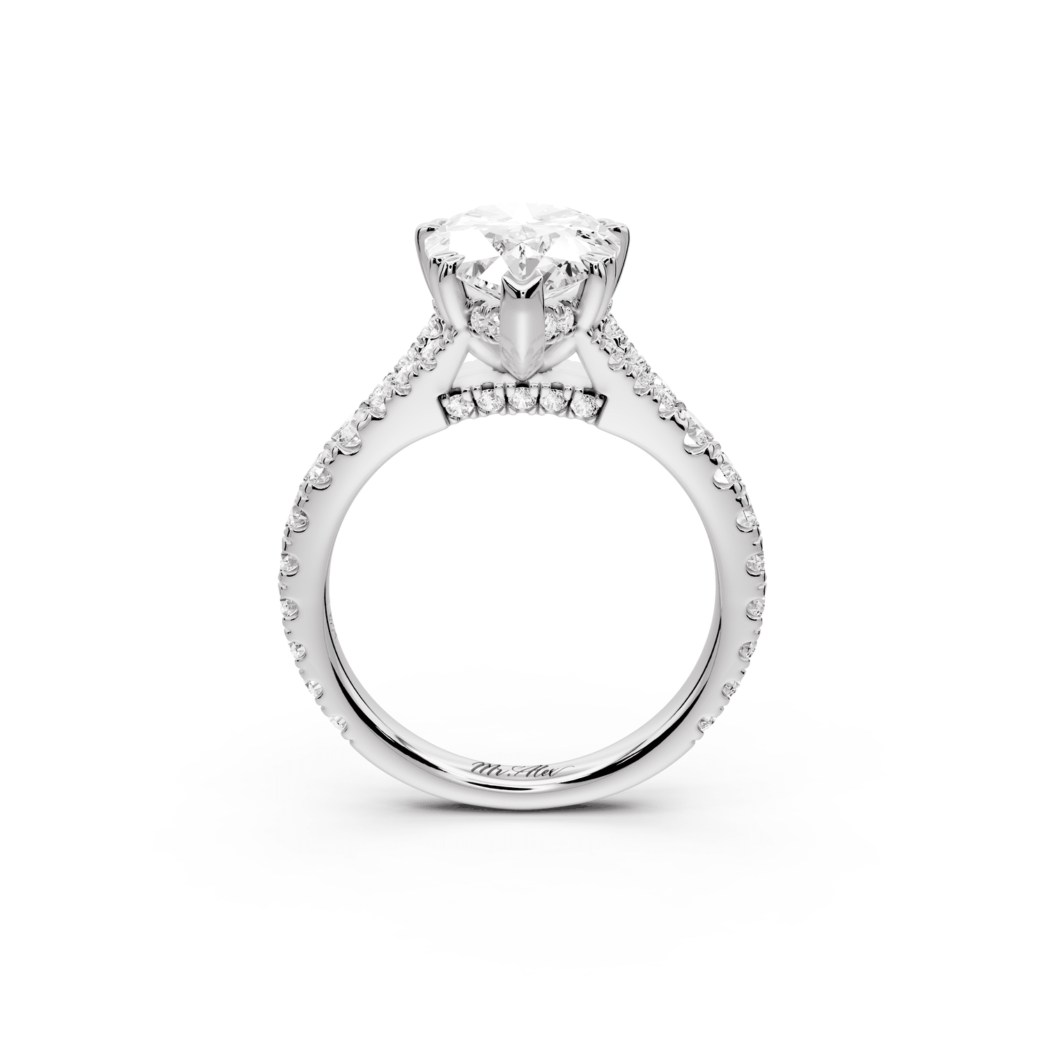 Rosalie - 3ct platinum pear Pavé Cathedral Hidden Halo with Diamond Bridge split shank Engagement Ring - Mr. Alex Jewelry
