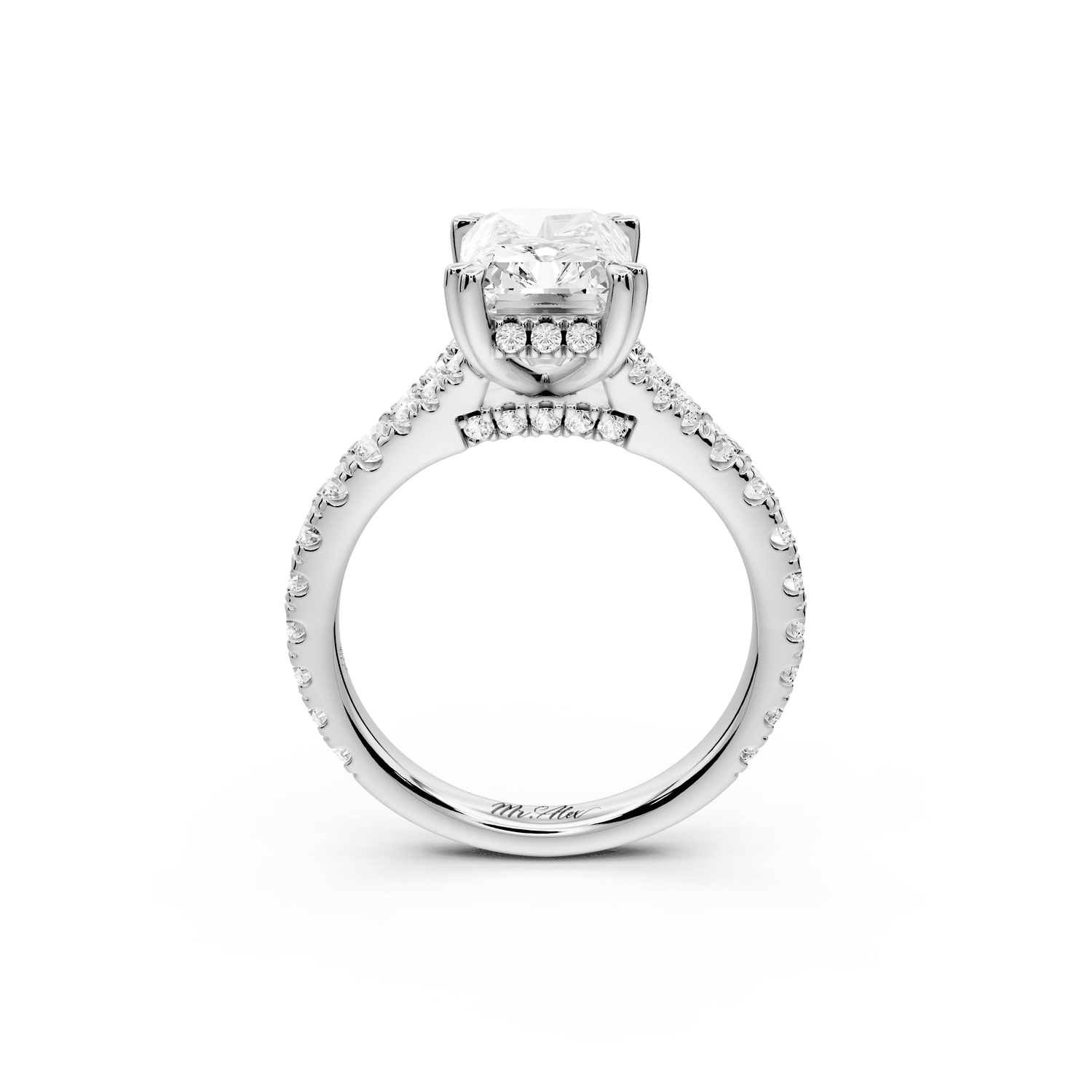 Rosalie - 3ct platinum radiant Pavé Cathedral Hidden Halo with Diamond Bridge split shank Engagement Ring - Mr. Alex Jewelry
