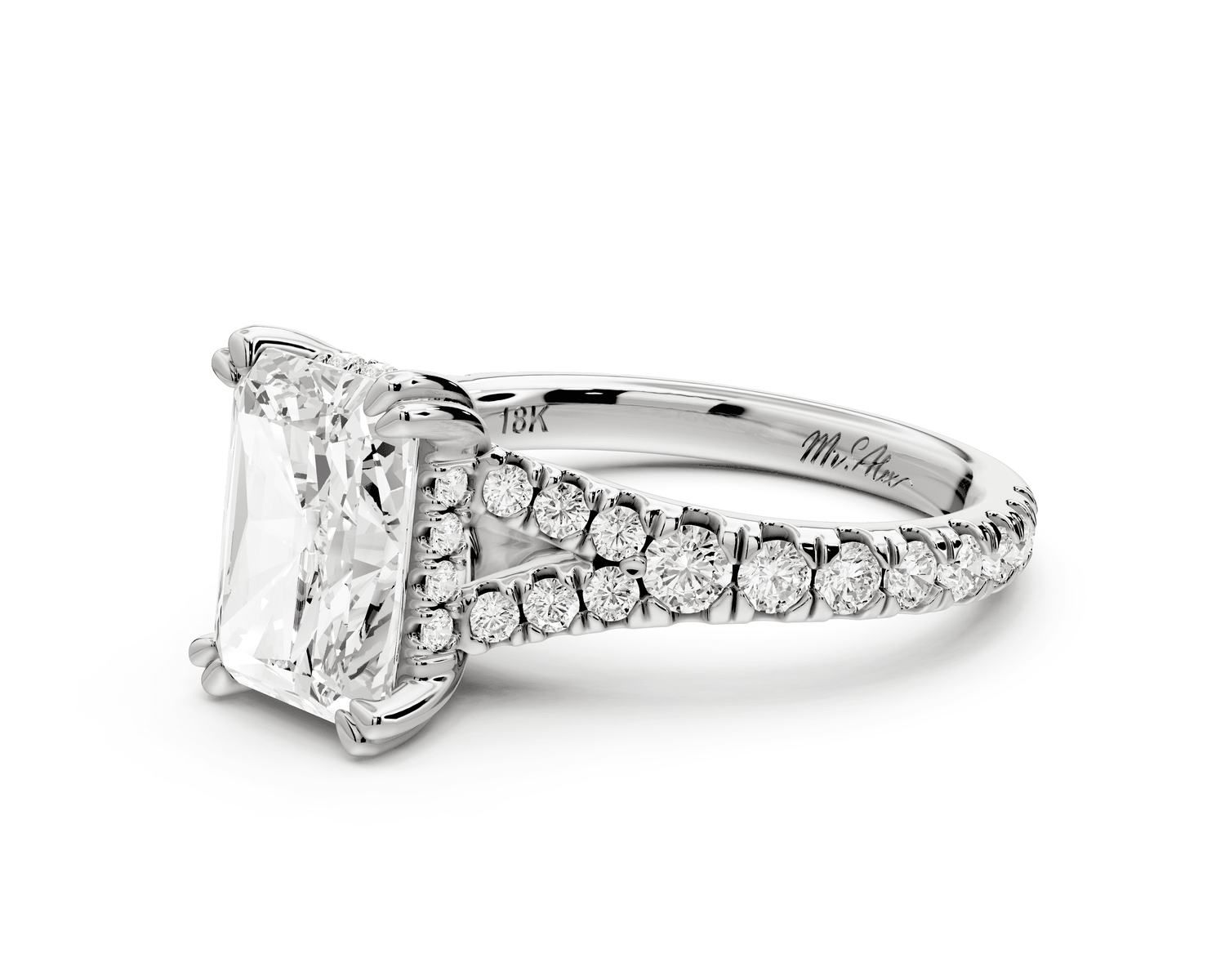 Rosalie - 3ct platinum radiant Pavé Cathedral Hidden Halo with Diamond Bridge split shank Engagement Ring - Mr. Alex Jewelry