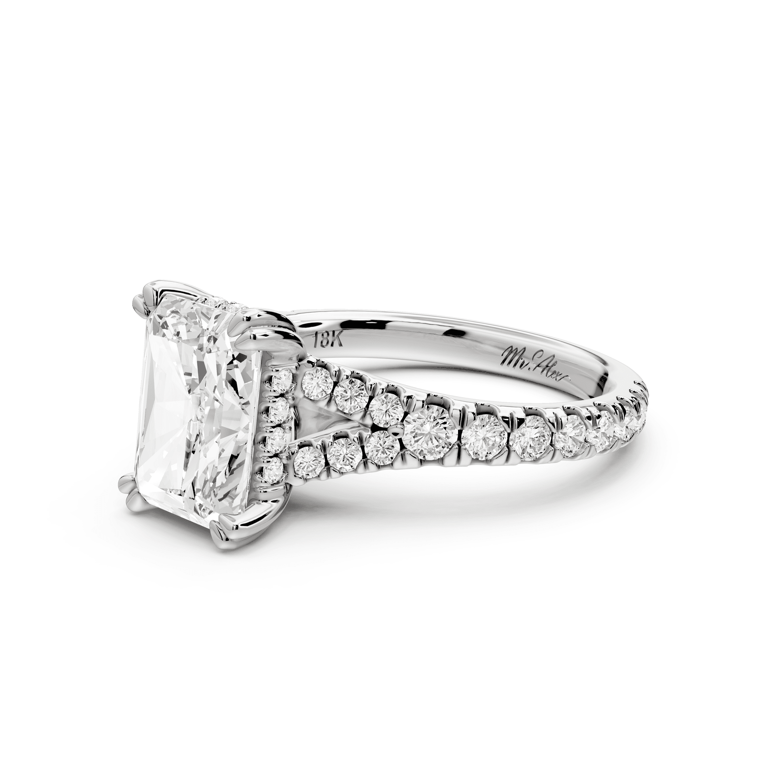 Rosalie - 3ct platinum radiant Pavé Cathedral Hidden Halo with Diamond Bridge split shank Engagement Ring - Mr. Alex Jewelry