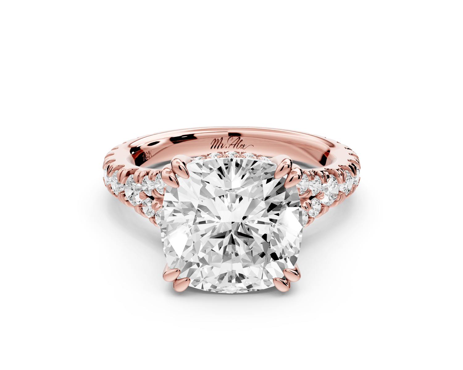 Rosalie - 4ct 14k rose gold cushion Pavé Cathedral Hidden Halo with Diamond Bridge split shank Engagement Ring - Mr. Alex Jewelry
