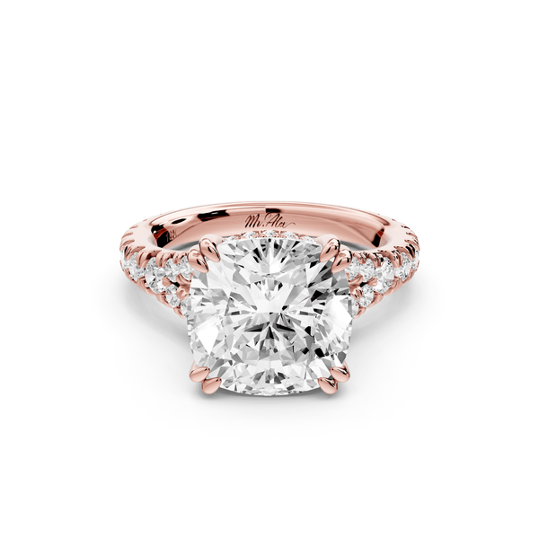Rosalie - 4ct 14k rose gold cushion Pavé Cathedral Hidden Halo with Diamond Bridge split shank Engagement Ring - Mr. Alex Jewelry