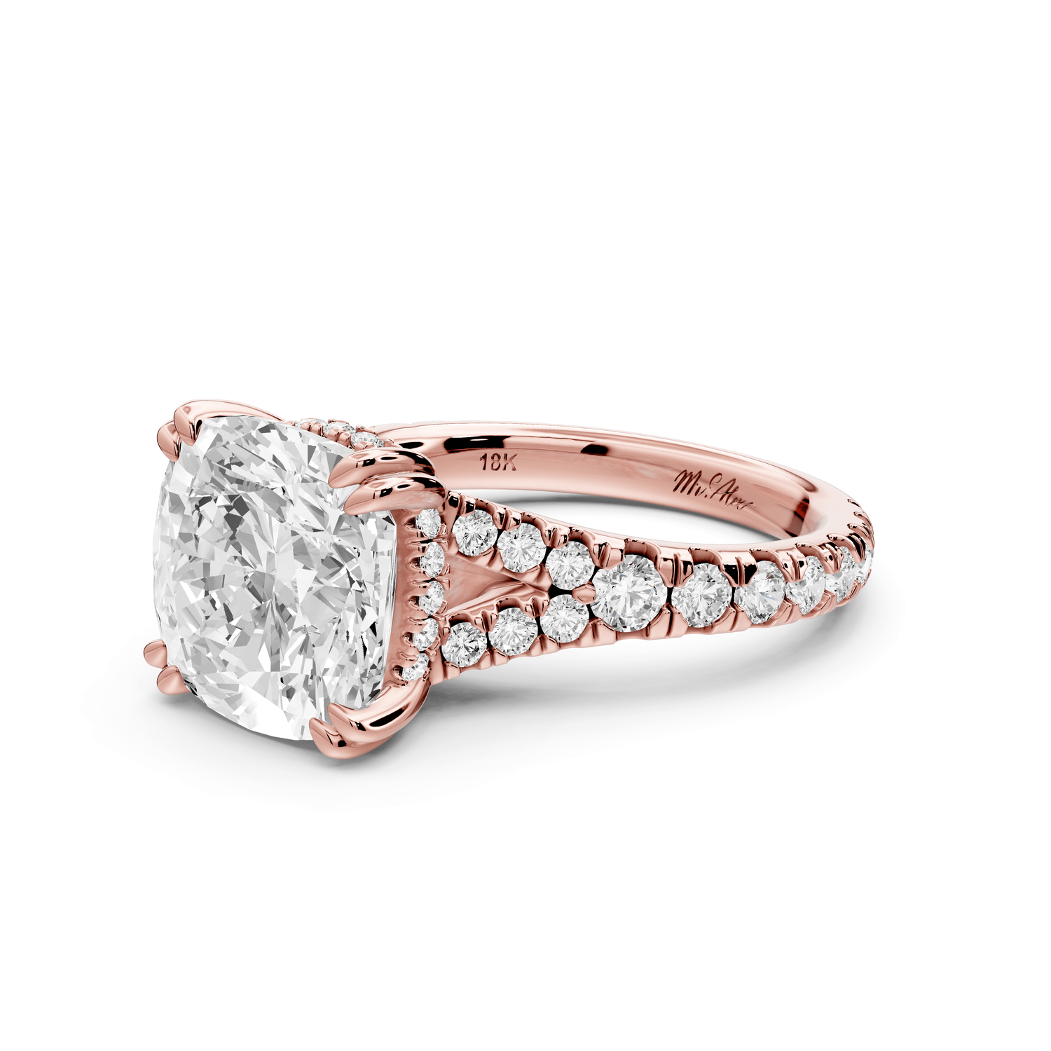 Rosalie - 4ct 14k rose gold cushion Pavé Cathedral Hidden Halo with Diamond Bridge split shank Engagement Ring - Mr. Alex Jewelry