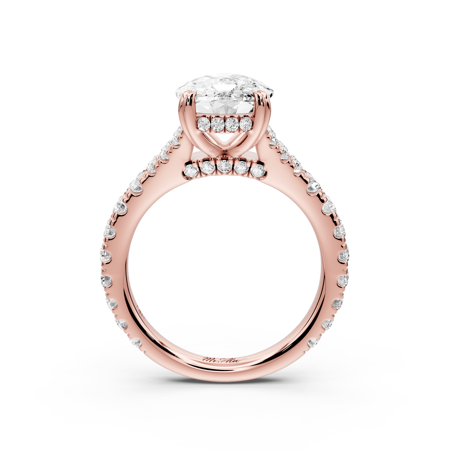 Rosalie - 4ct 14k rose gold ecushion Pavé Cathedral Hidden Halo with Diamond Bridge split shank Engagement Ring - Mr. Alex Jewelry