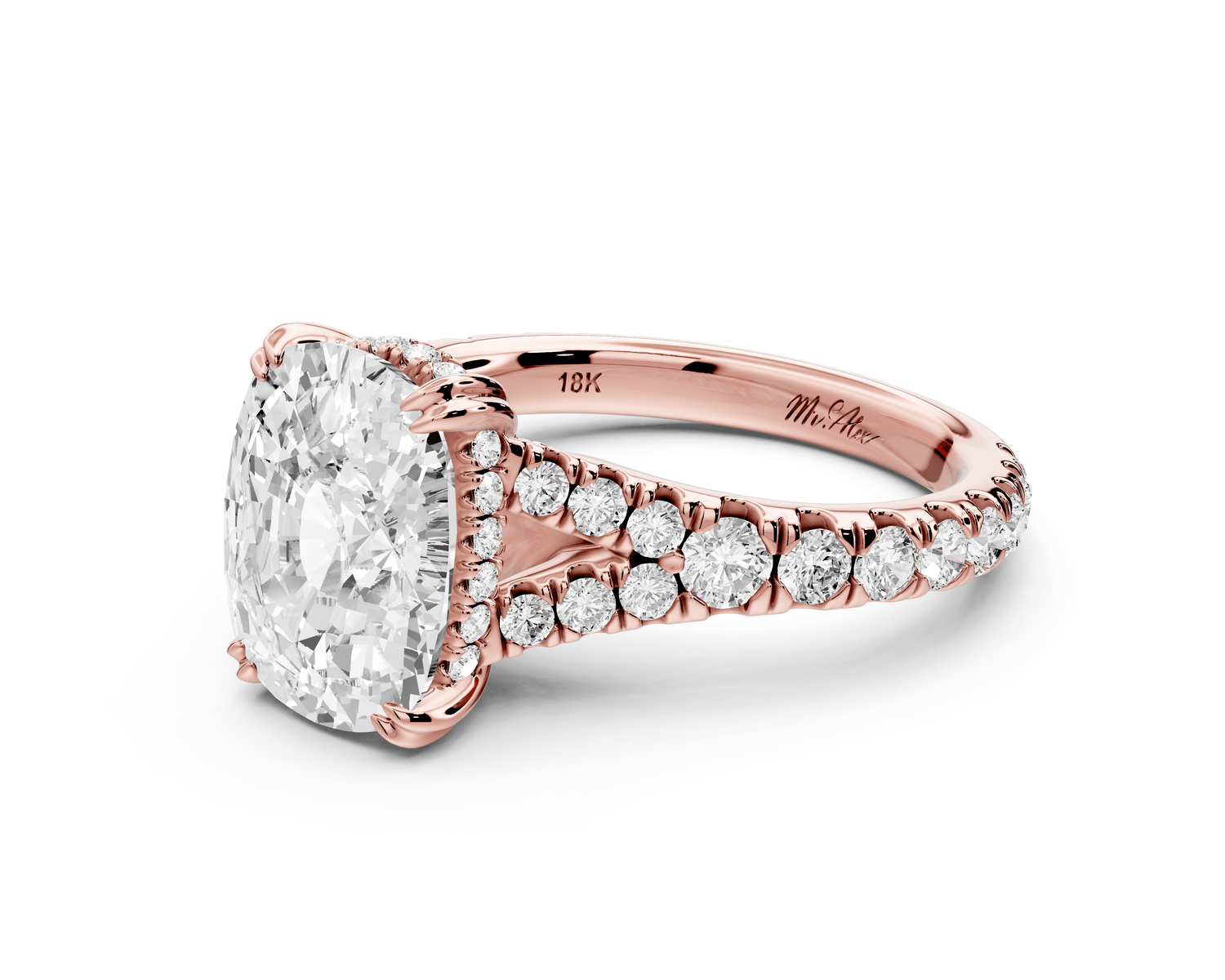 Rosalie - 4ct 14k rose gold ecushion Pavé Cathedral Hidden Halo with Diamond Bridge split shank Engagement Ring - Mr. Alex Jewelry