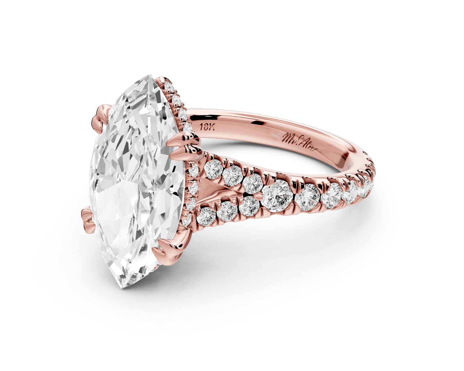 Rosalie - 4ct 14k rose gold marquise Pavé Cathedral Hidden Halo with Diamond Bridge split shank Engagement Ring - Mr. Alex Jewelry