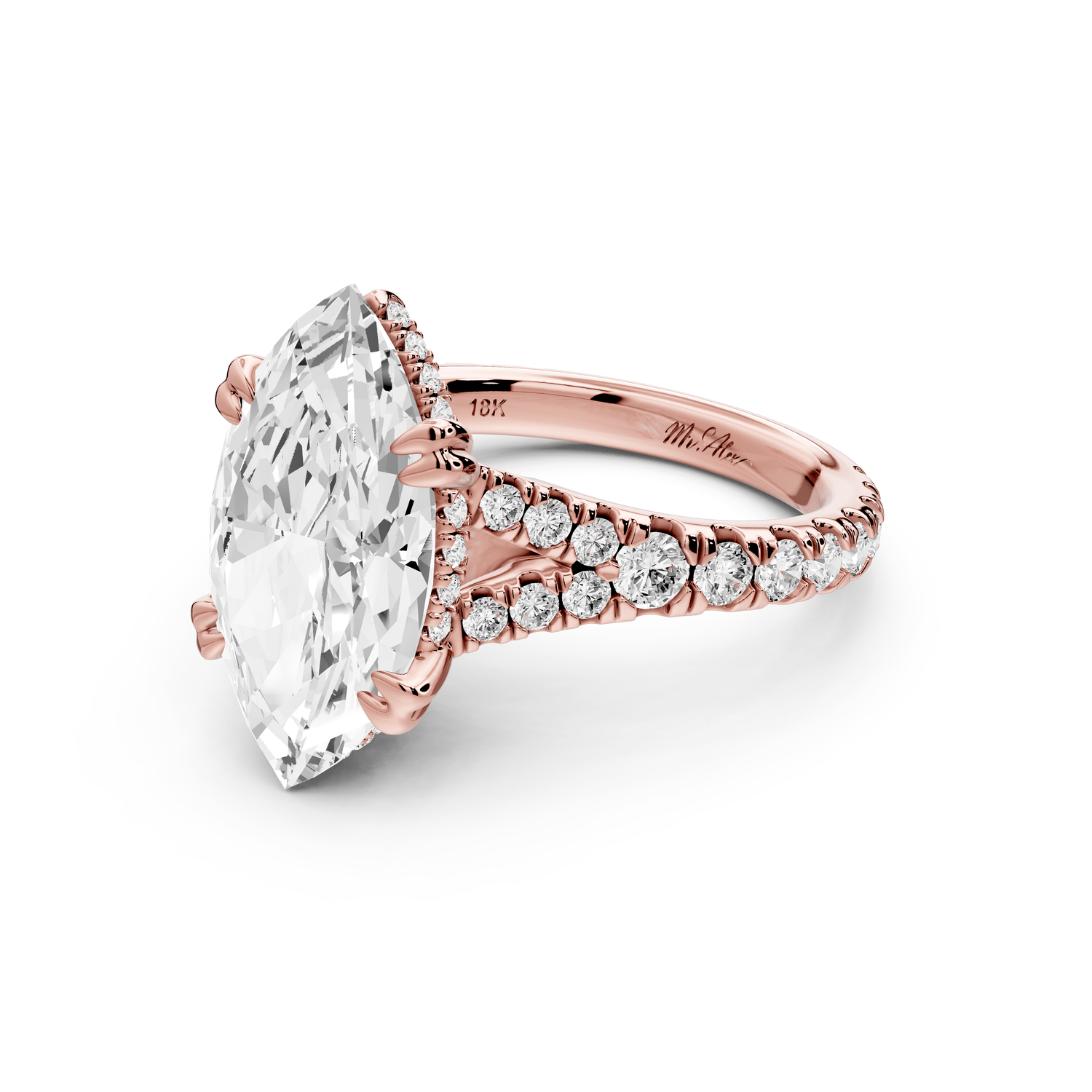 Rosalie - 4ct 14k rose gold marquise Pavé Cathedral Hidden Halo with Diamond Bridge split shank Engagement Ring - Mr. Alex Jewelry