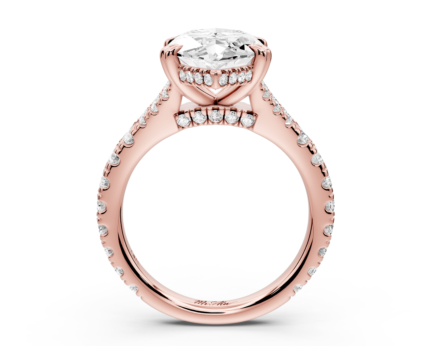 Rosalie - 4ct 14k rose gold marquise Pavé Cathedral Hidden Halo with Diamond Bridge split shank Engagement Ring - Mr. Alex Jewelry
