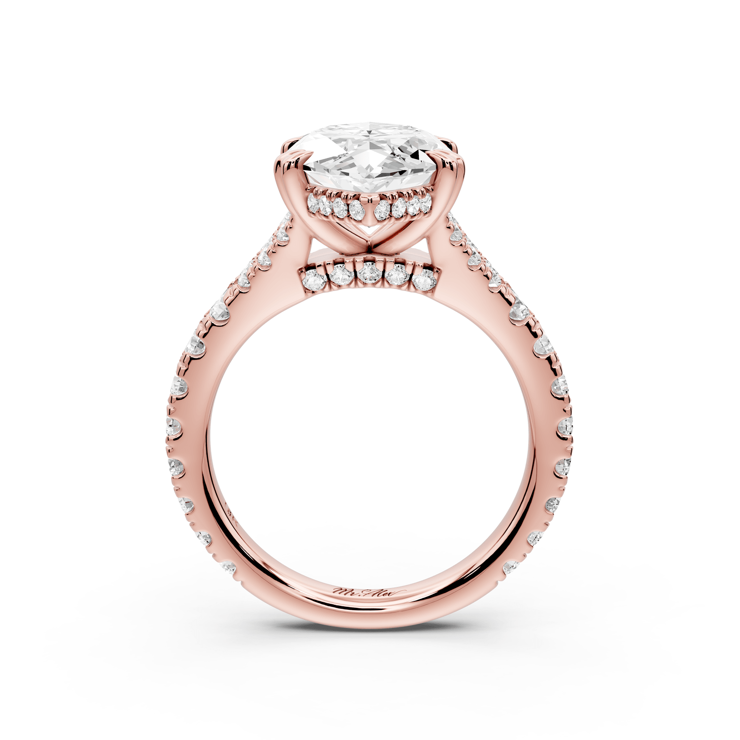 Rosalie - 4ct 14k rose gold marquise Pavé Cathedral Hidden Halo with Diamond Bridge split shank Engagement Ring - Mr. Alex Jewelry