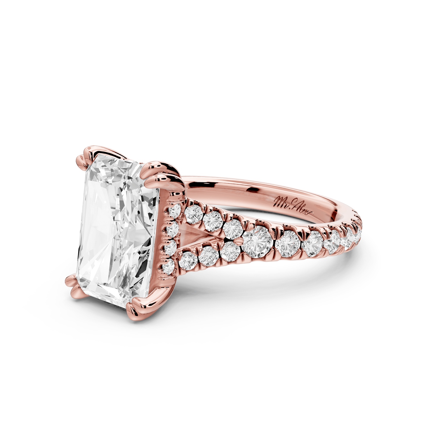 Rosalie - 4ct 14k rose gold radiant Pavé Cathedral Hidden Halo with Diamond Bridge split shank Engagement Ring - Mr. Alex Jewelry