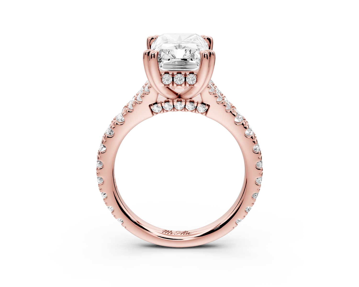Rosalie - 4ct 14k rose gold radiant Pavé Cathedral Hidden Halo with Diamond Bridge split shank Engagement Ring - Mr. Alex Jewelry