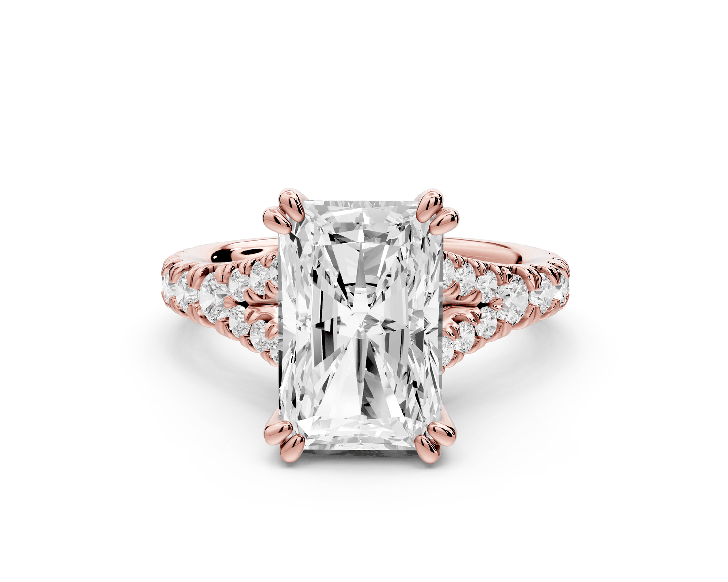 Rosalie - 4ct 14k rose gold radiant Pavé Cathedral Hidden Halo with Diamond Bridge split shank Engagement Ring - Mr. Alex Jewelry