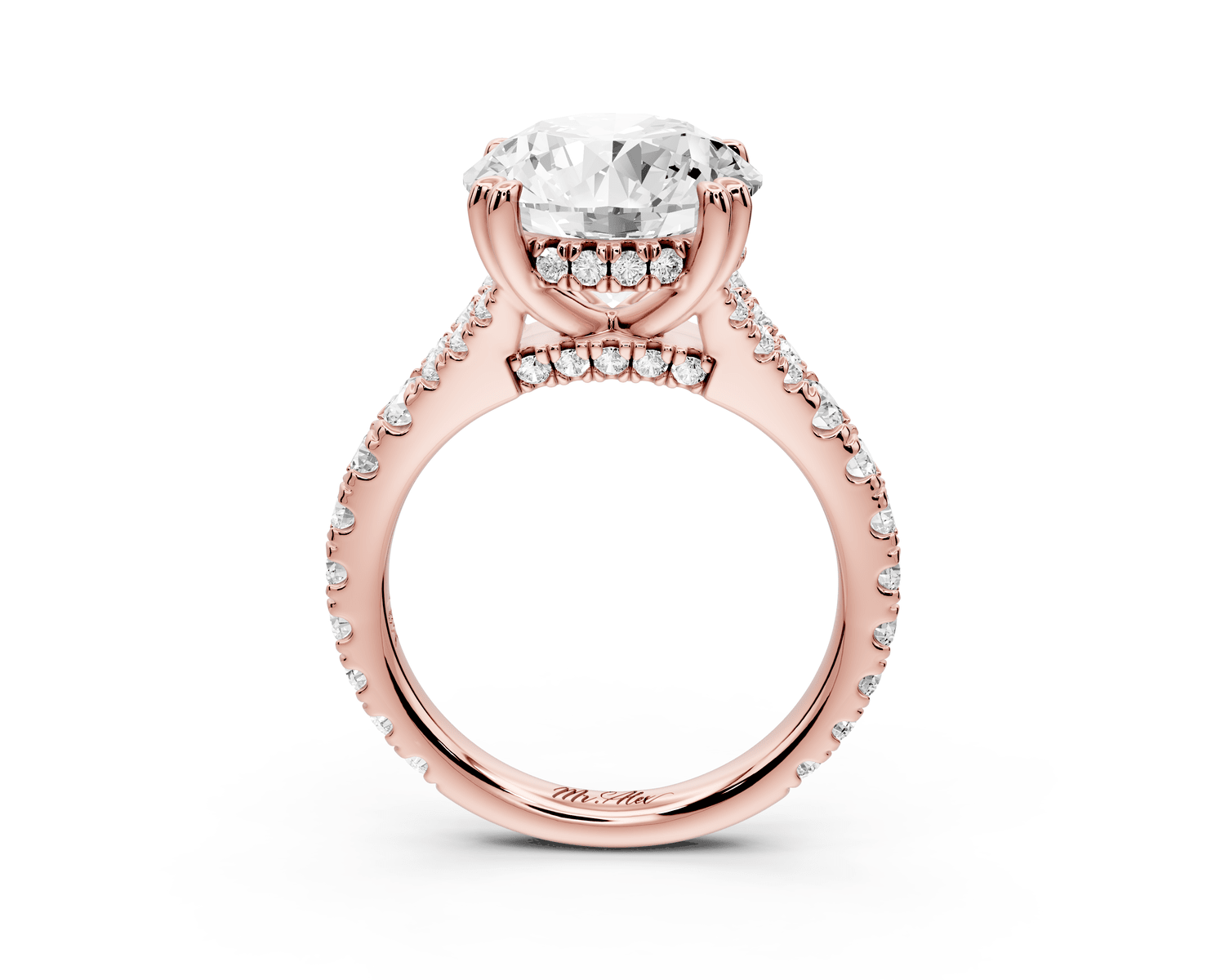 Rosalie - 4ct 14k rose gold round Pavé Cathedral Hidden Halo with Diamond Bridge split shank Engagement Ring - Mr. Alex Jewelry