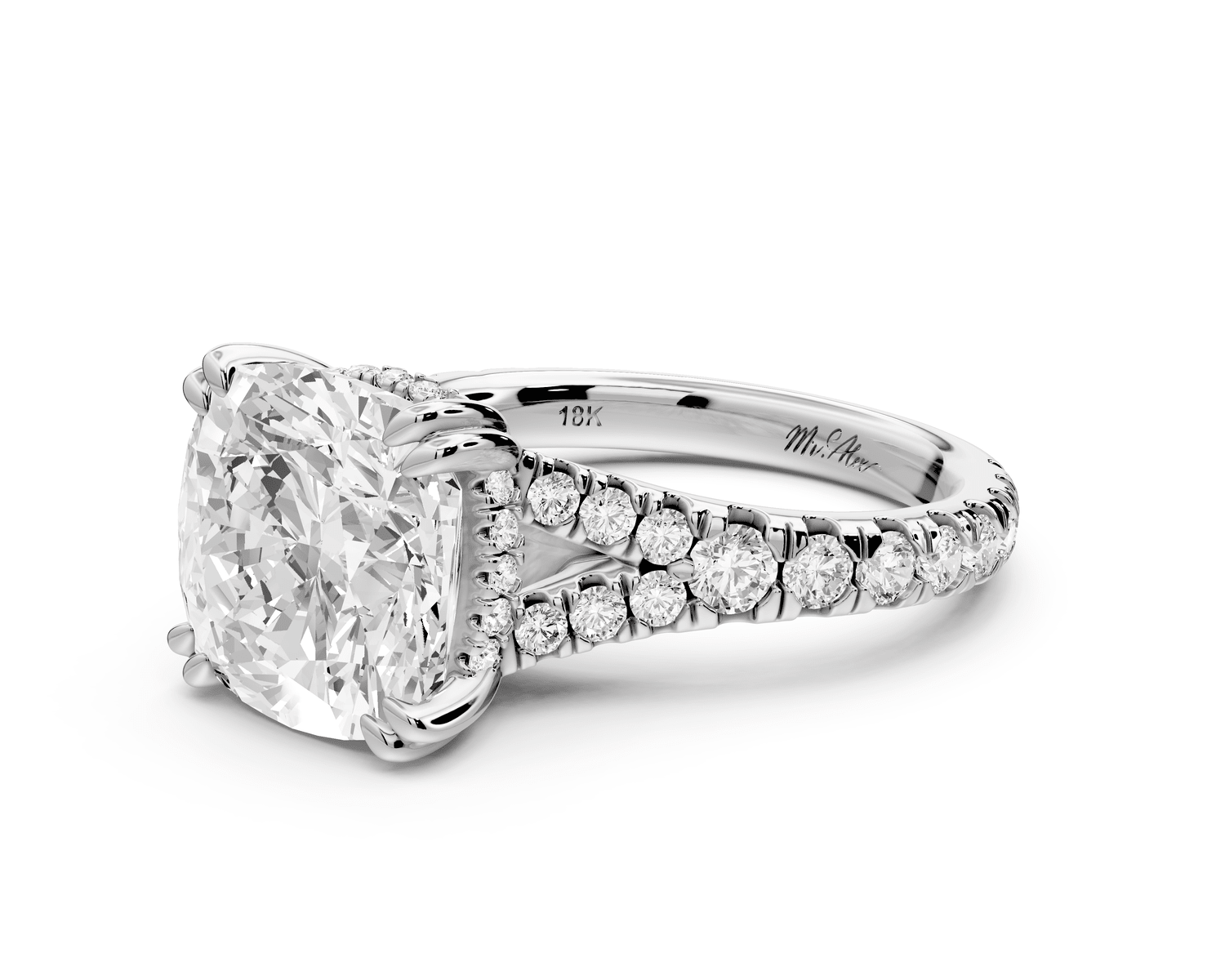 Rosalie - 4ct 14k white gold cushion Pavé Cathedral Hidden Halo with Diamond Bridge split shank Engagement Ring - Mr. Alex Jewelry