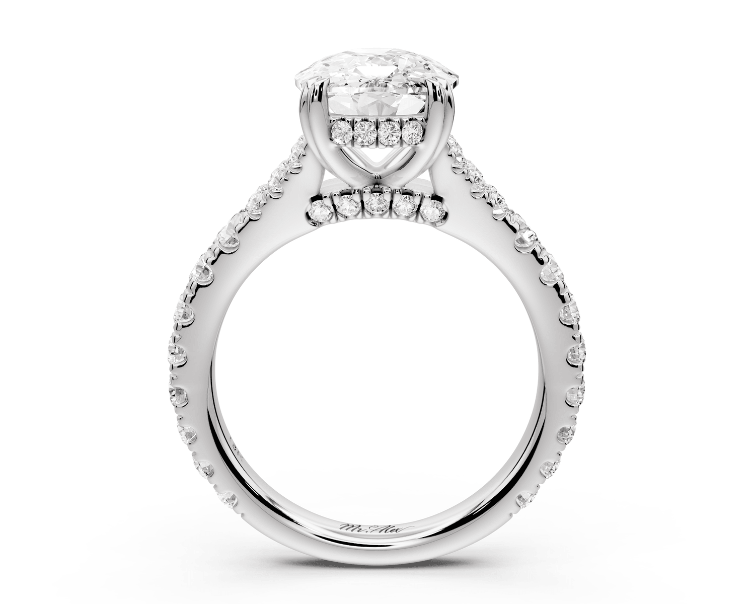 Rosalie - 4ct 14k white gold ecushion Pavé Cathedral Hidden Halo with Diamond Bridge split shank Engagement Ring - Mr. Alex Jewelry