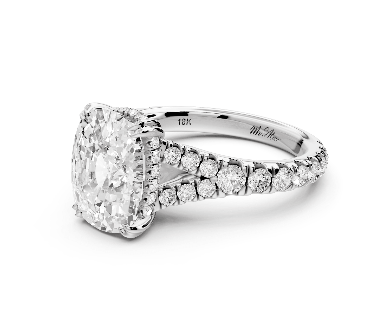 Rosalie - 4ct 14k white gold ecushion Pavé Cathedral Hidden Halo with Diamond Bridge split shank Engagement Ring - Mr. Alex Jewelry