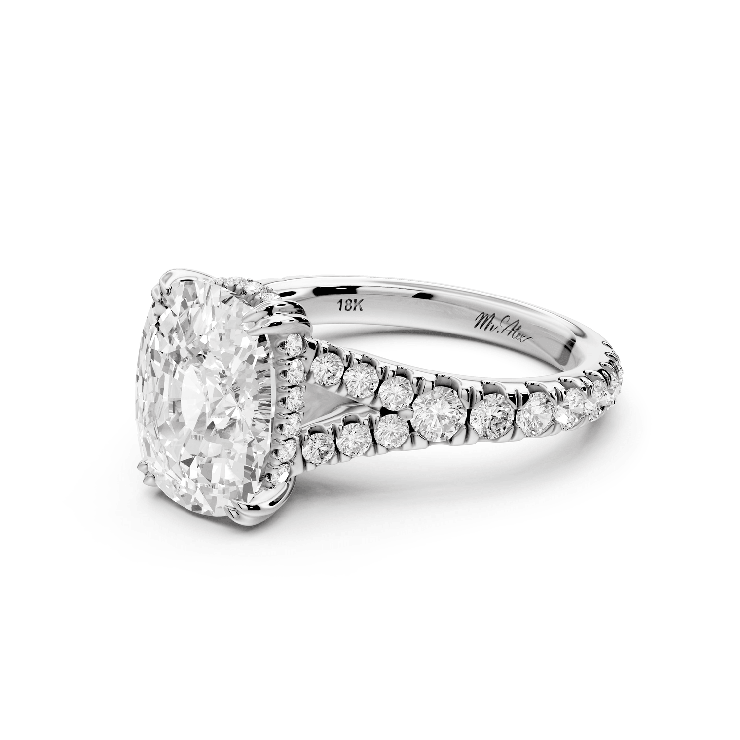 Rosalie - 4ct 14k white gold ecushion Pavé Cathedral Hidden Halo with Diamond Bridge split shank Engagement Ring - Mr. Alex Jewelry