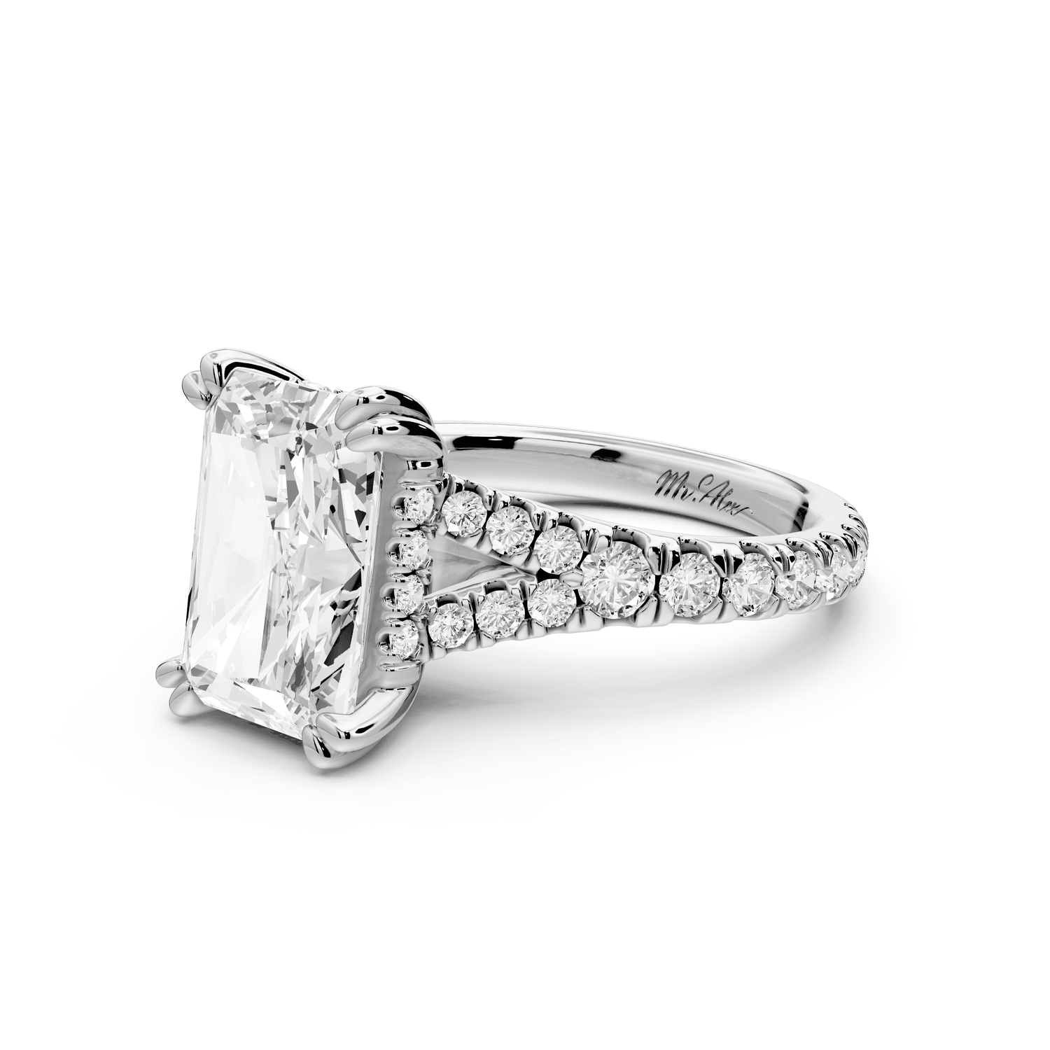 Rosalie - 4ct 14k white gold radiant Pavé Cathedral Hidden Halo with Diamond Bridge split shank Engagement Ring - Mr. Alex Jewelry
