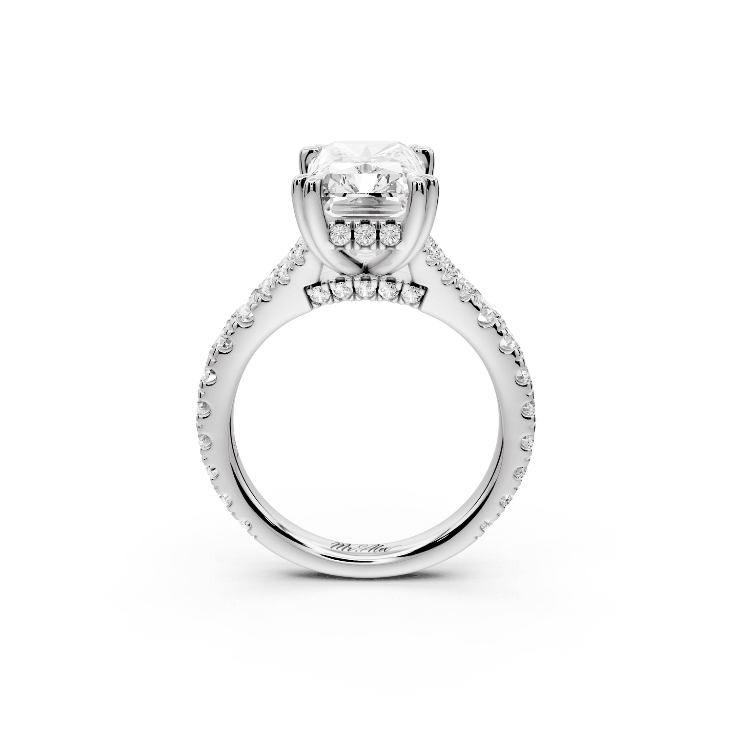 Rosalie - 4ct 14k white gold radiant Pavé Cathedral Hidden Halo with Diamond Bridge split shank Engagement Ring - Mr. Alex Jewelry