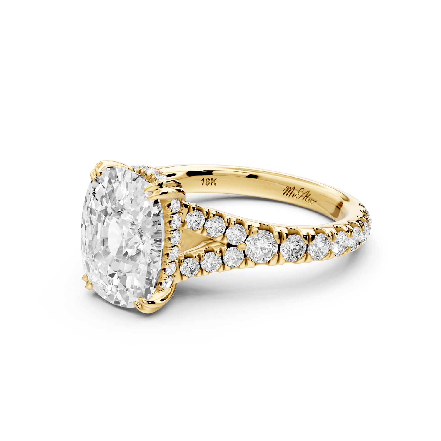 Rosalie - 4ct 14k yellow gold ecushion Pavé Cathedral Hidden Halo with Diamond Bridge split shank Engagement Ring - Mr. Alex Jewelry