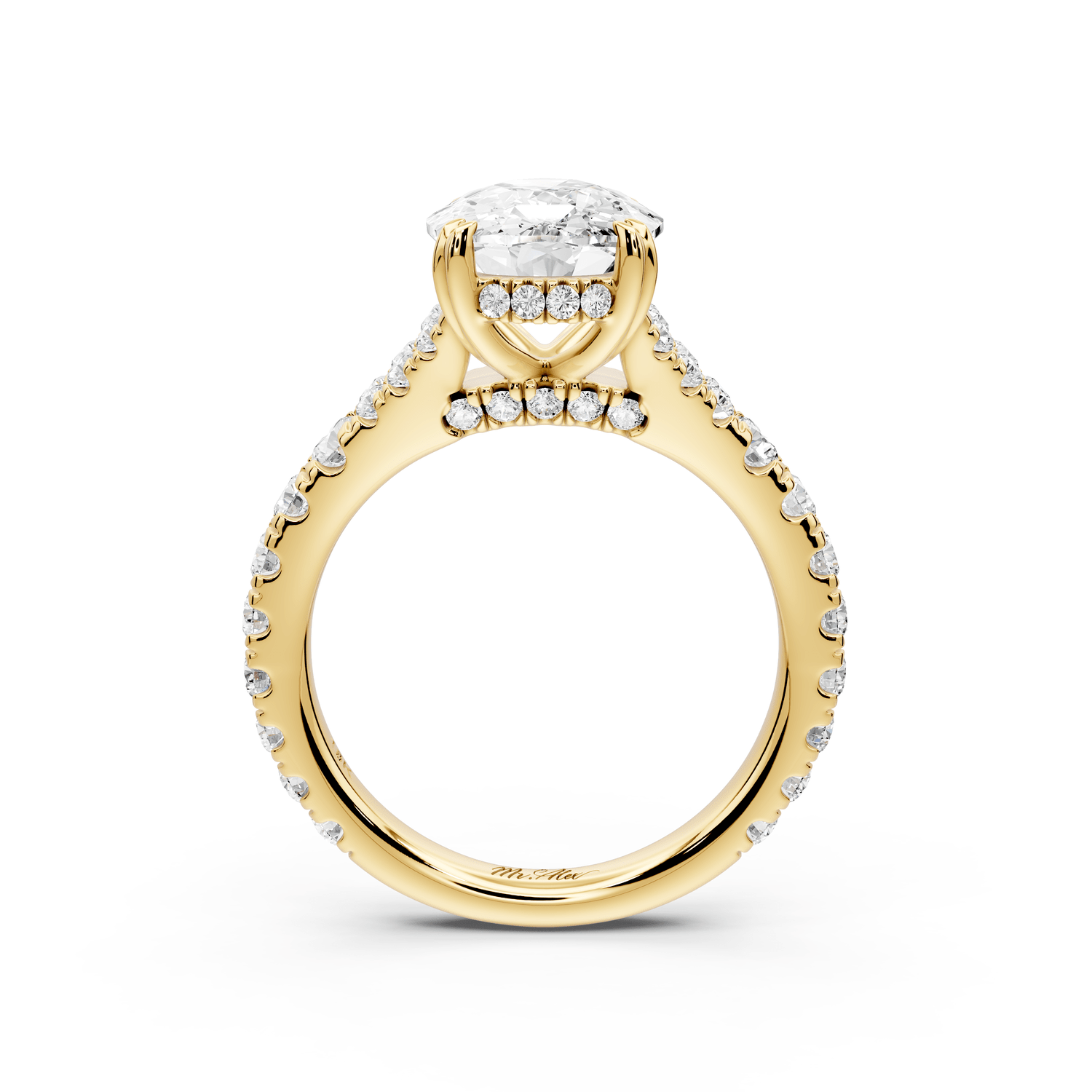Rosalie - 4ct 14k yellow gold ecushion Pavé Cathedral Hidden Halo with Diamond Bridge split shank Engagement Ring - Mr. Alex Jewelry