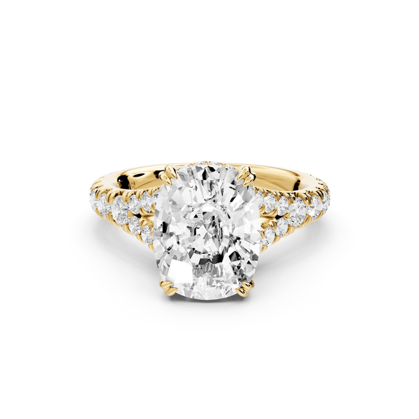 Rosalie - 4ct 14k yellow gold ecushion Pavé Cathedral Hidden Halo with Diamond Bridge split shank Engagement Ring - Mr. Alex Jewelry