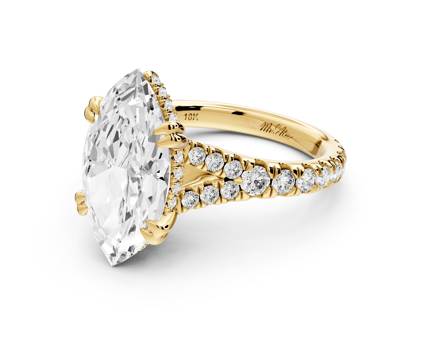 Rosalie - 4ct 14k yellow gold marquise Pavé Cathedral Hidden Halo with Diamond Bridge split shank Engagement Ring - Mr. Alex Jewelry