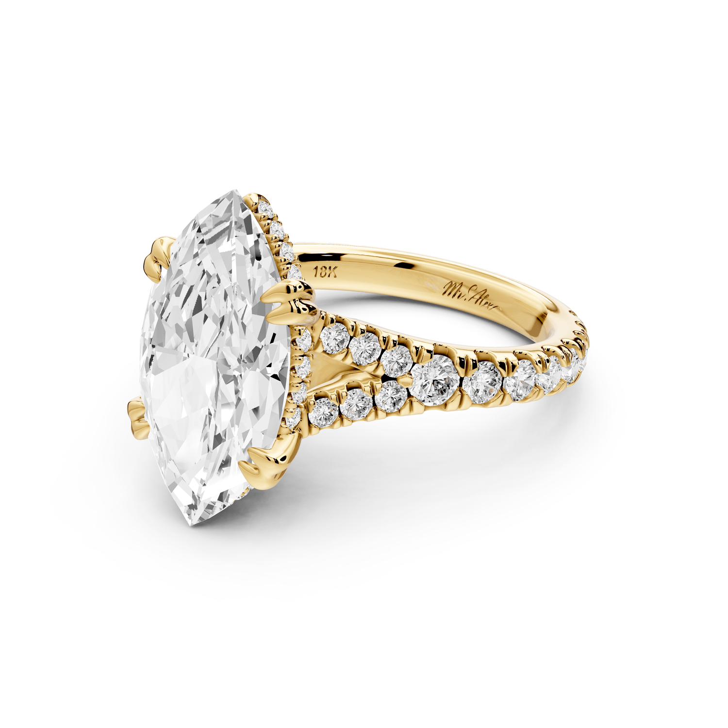 Rosalie - 4ct 14k yellow gold marquise Pavé Cathedral Hidden Halo with Diamond Bridge split shank Engagement Ring - Mr. Alex Jewelry