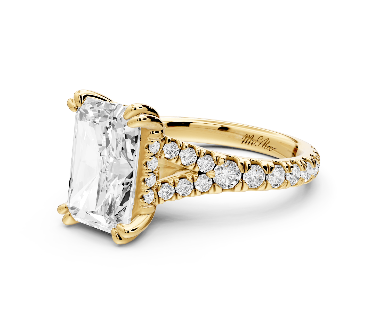 Rosalie - 4ct 14k yellow gold radiant Pavé Cathedral Hidden Halo with Diamond Bridge split shank Engagement Ring - Mr. Alex Jewelry