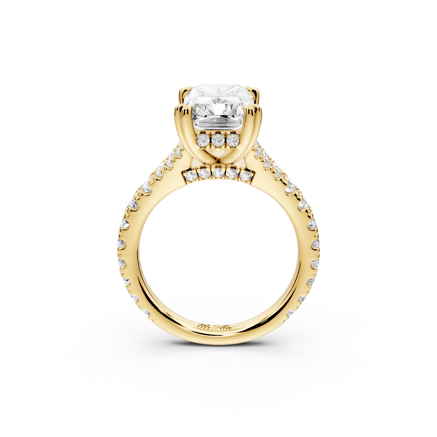 Rosalie - 4ct 14k yellow gold radiant Pavé Cathedral Hidden Halo with Diamond Bridge split shank Engagement Ring - Mr. Alex Jewelry