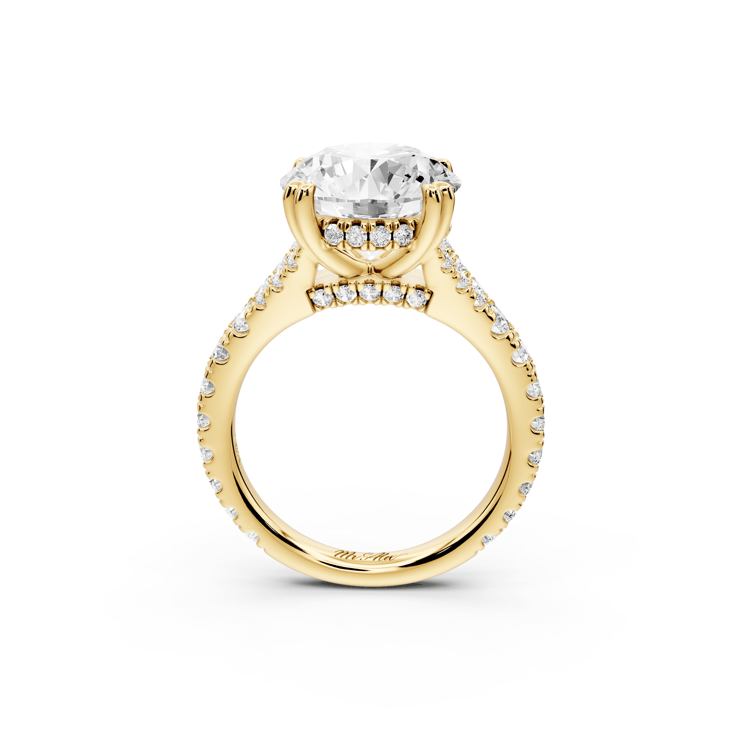 Rosalie - 4ct 14k yellow gold round Pavé Cathedral Hidden Halo with Diamond Bridge split shank Engagement Ring - Mr. Alex Jewelry