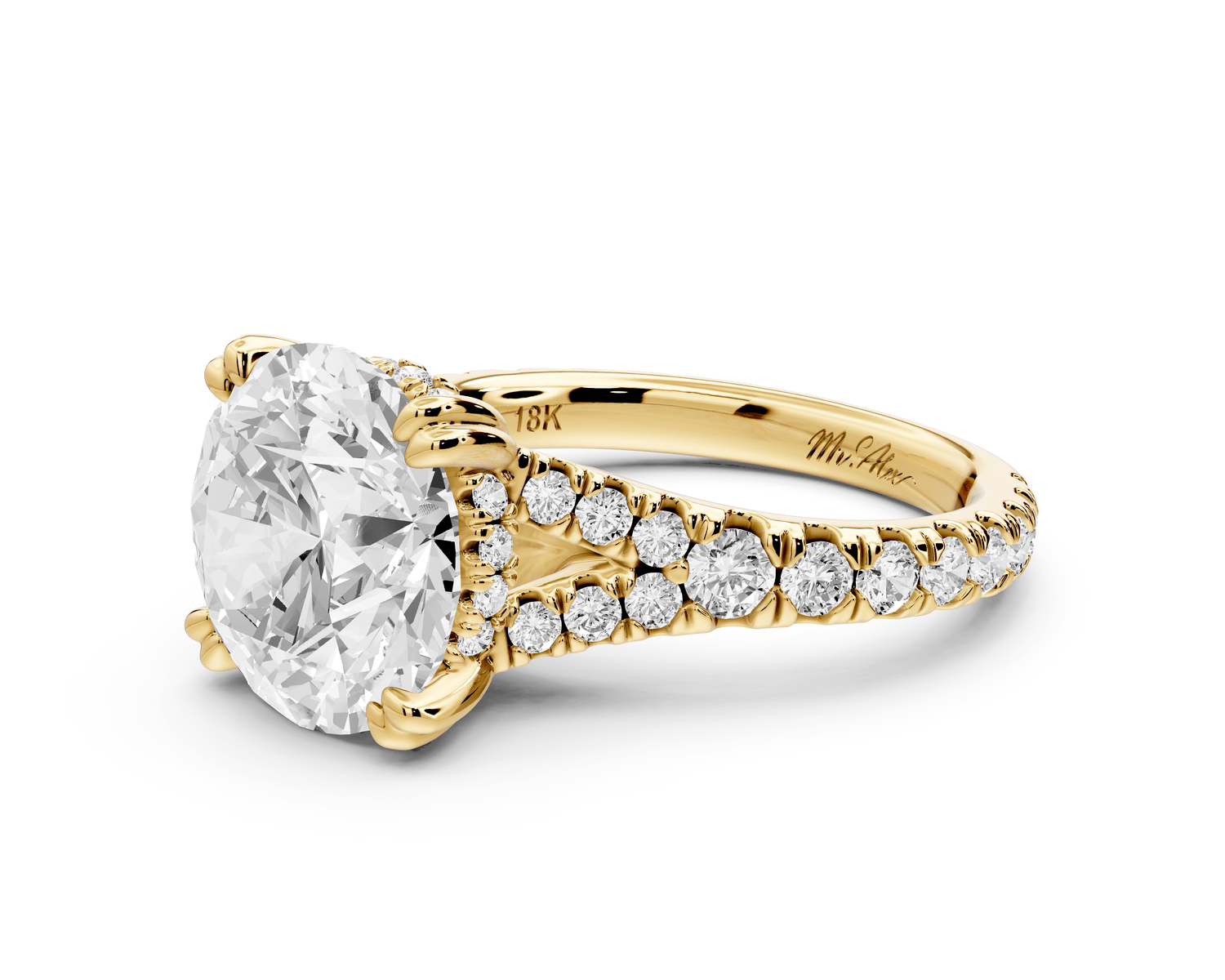 Rosalie - 4ct 14k yellow gold round Pavé Cathedral Hidden Halo with Diamond Bridge split shank Engagement Ring - Mr. Alex Jewelry